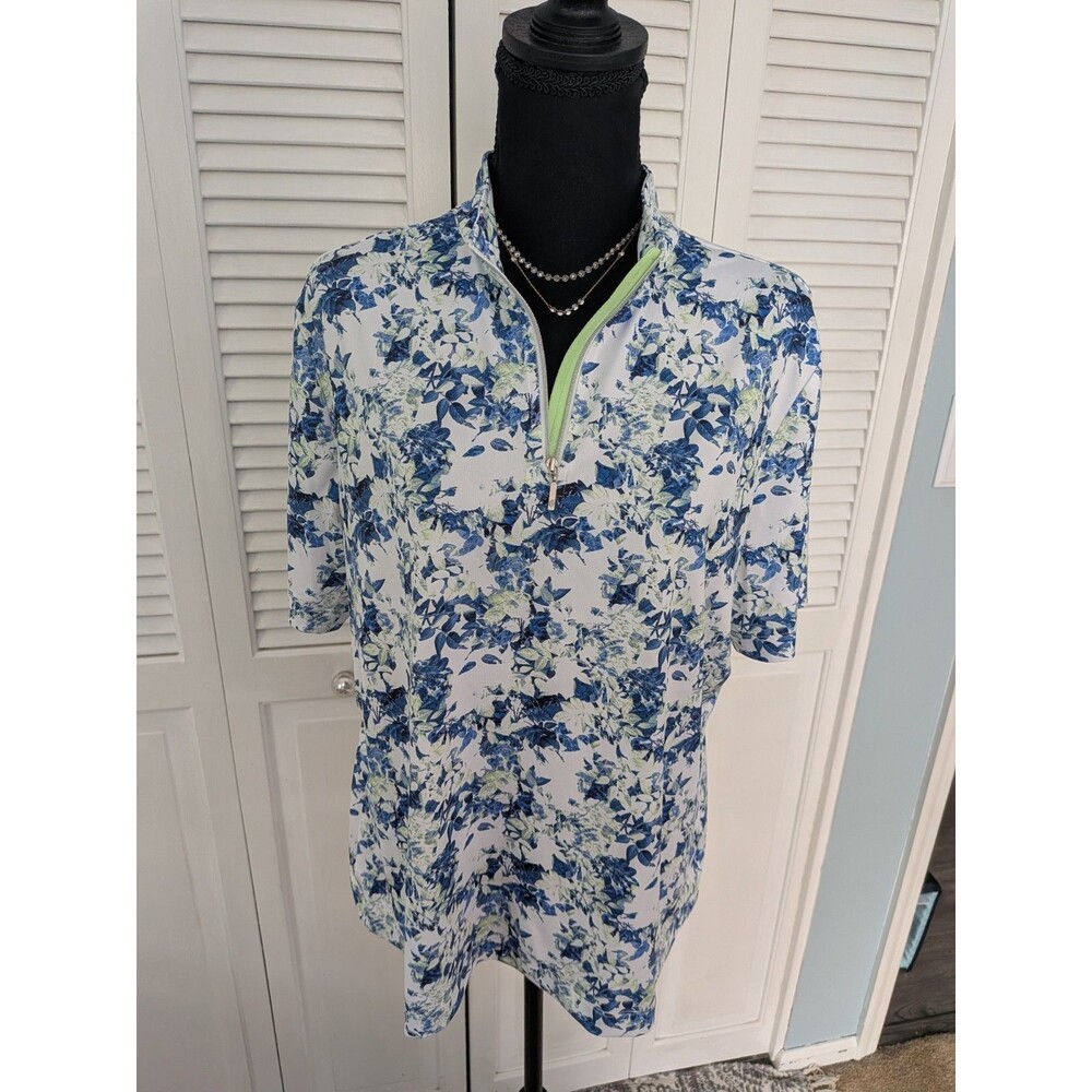 GG Blue Luxe Sport Shirt Womens XL White Blue Lime Floral Short Sleeve Golf Top